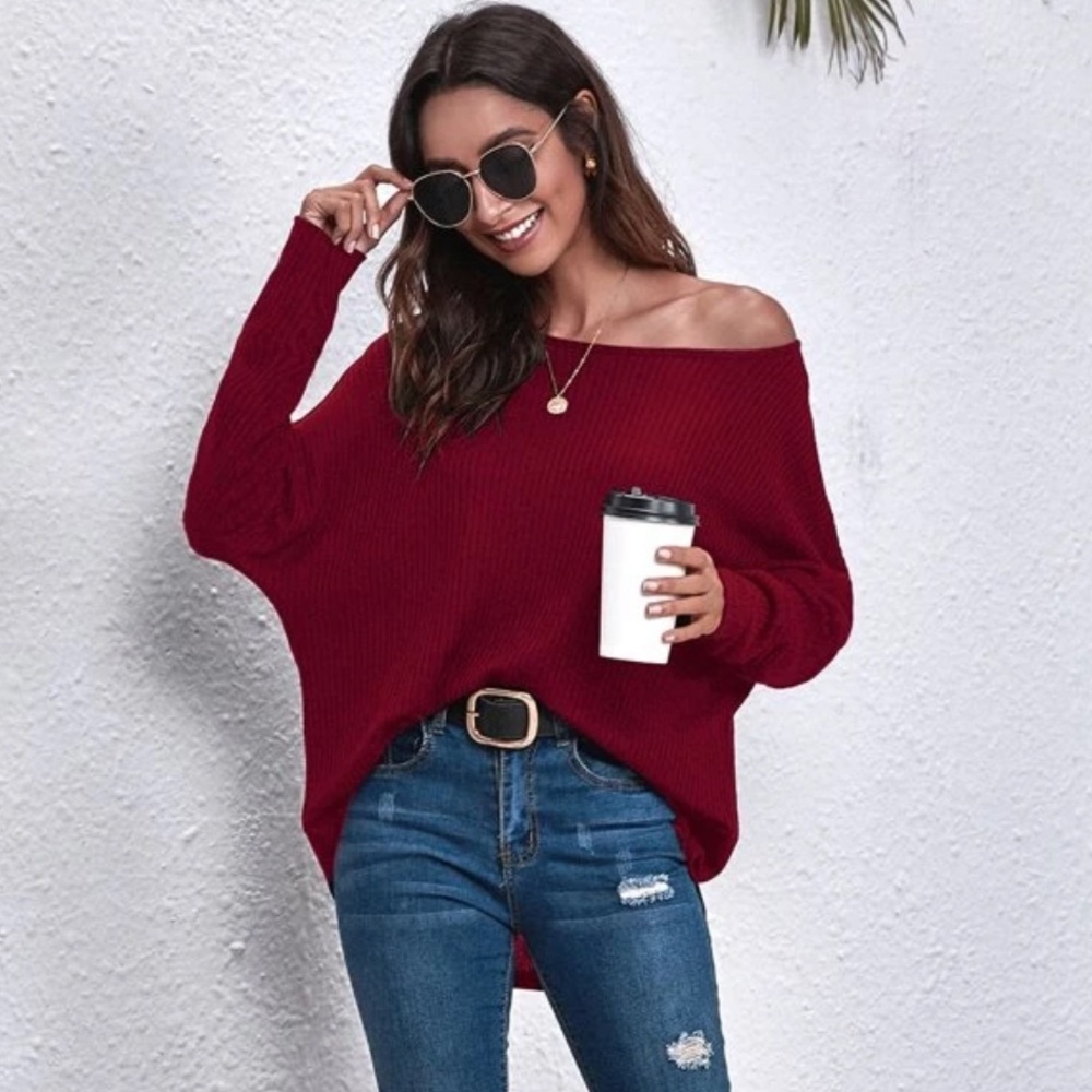 Oversized ribknit dolman long sleeve tee top BLACK - Picture 3 of 8